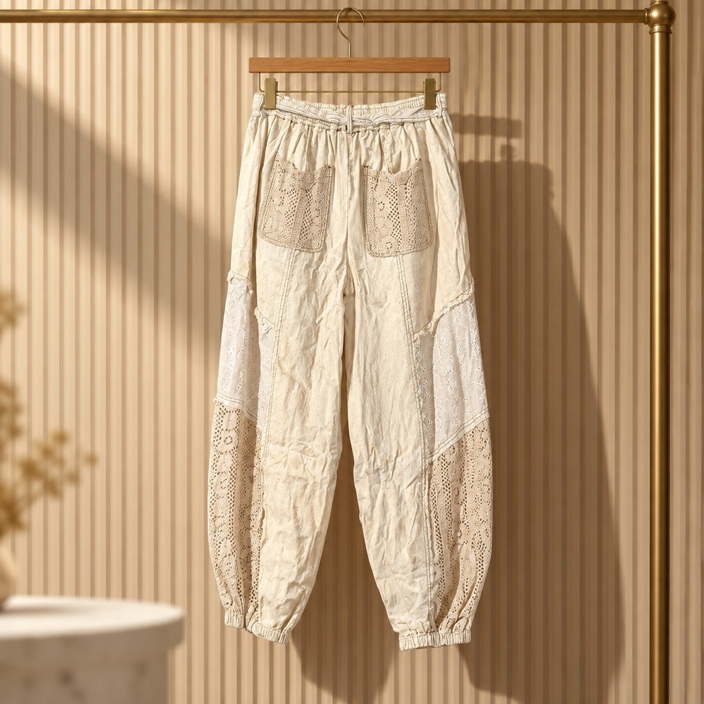 Ali & Hali Women Ivory Patchwork Crochet Eyelet Lace Boho Jogger Pants Large - Picture 2 of 11